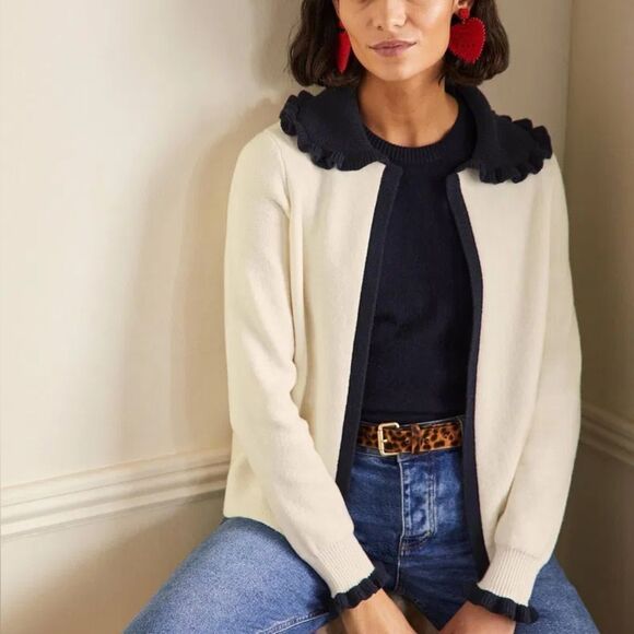 BODEN *Pink/Beige* Frill Collared Cardigan 10 - Picture 1 of 14